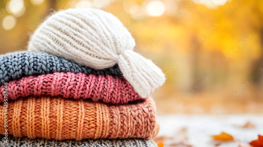 Poster vibrant stack of cozy handmade knitwear with autumn leaves in soft background : generative ai