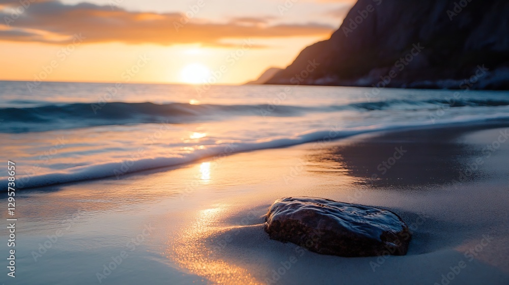 Poster scenic sunset over calm ocean waves with a single rock on the shoreline : generative ai