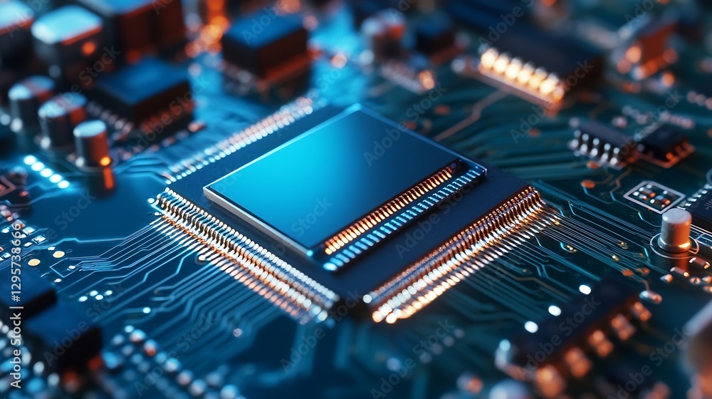 Poster Close Up of a Modern Microchip on a Circuit Board with Bright Lights and Details for Technology Visuals : Generative AI