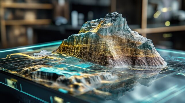 Futuristic 3D holographic visualization of resource and geophysical data analysis for advanced geological surveying mining and energy discovery