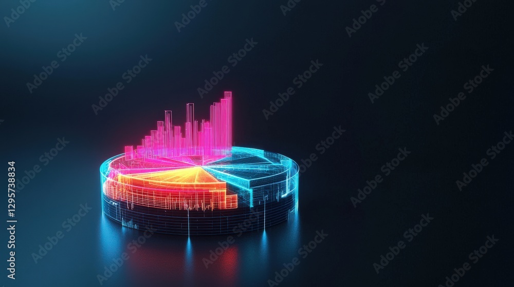 Poster captivating 3d visualization of data metrics with vibrant colors, showcasing trends and statistics f