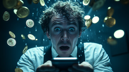 Man Shocked by Falling Coins While Using Smartphone