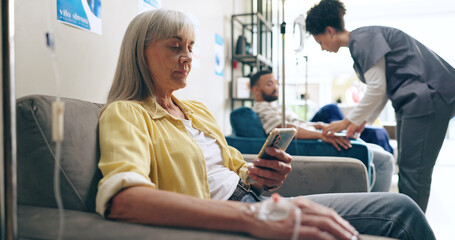 Hospital, phone and mature woman in chemotherapy for cancer treatment, medication and IV drip of...