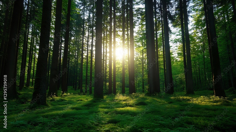 Aufkleber Mystical forest scene illuminated by sunlight filtering through tall trees creating a serene atmosphere : Generative AI
