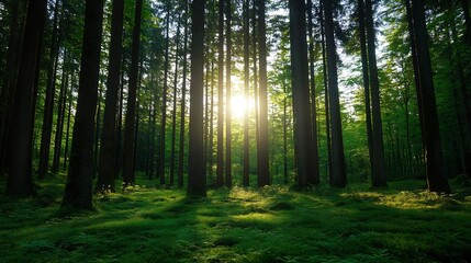 Naklejka premium Mystical forest scene illuminated by sunlight filtering through tall trees creating a serene atmosphere : Generative AI