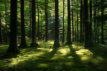 Fototapeta premium A scenic view of a peaceful forest with tall trees, gentle sunlight filtering through leaves, and lush green moss covering the ground.