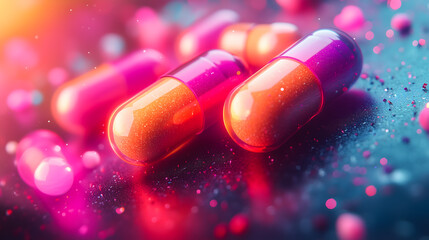 Vibrant Pink and Orange Capsules with Sparkling Effects