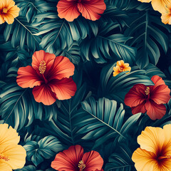 Vibrant Hibiscus Flowers and Tropical Leaves Pattern Seamless Background