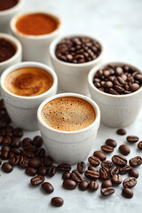 Fototapeta premium A detailed shot of assorted coffee beans and chic cups, focusing on textures against a white backdrop.