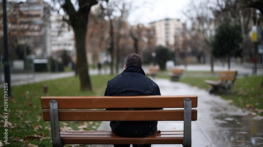 Aufkleber Man sitting on a park bench during a chill day surrounded by trees and a quiet atmosphere : Generative AI
