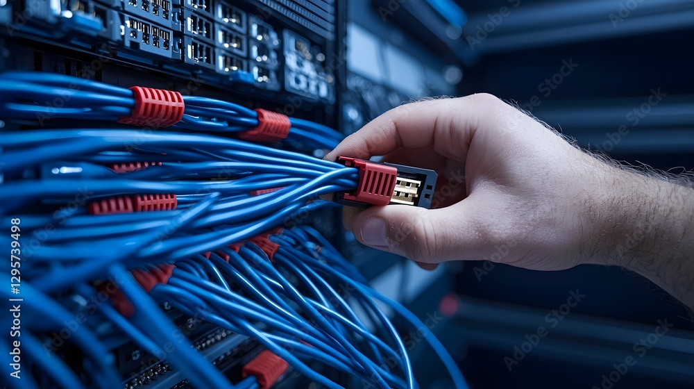 Leinwandbilder Closeup view of a technician s hand using a crimping tool to connect Ethernet cables for network infrastructure and data communication systems in an office or data center environment