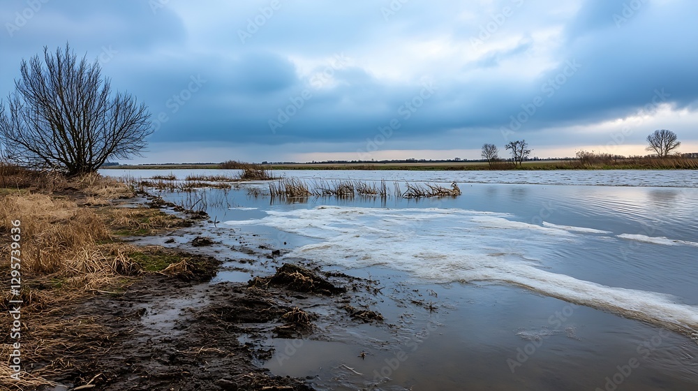 Poster tranquil landscape view of riverside with moody skies and wet ground after rain : generative ai