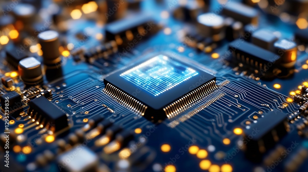 Aufkleber Close Up of a Modern Computer Chip on a Circuit Board with Warm Bokeh Lights : Generative AI