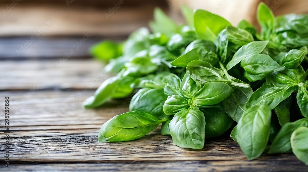 Aufkleber fresh aromatic basil leaves piled together on rustic wooden background highlighting their vibrant gr