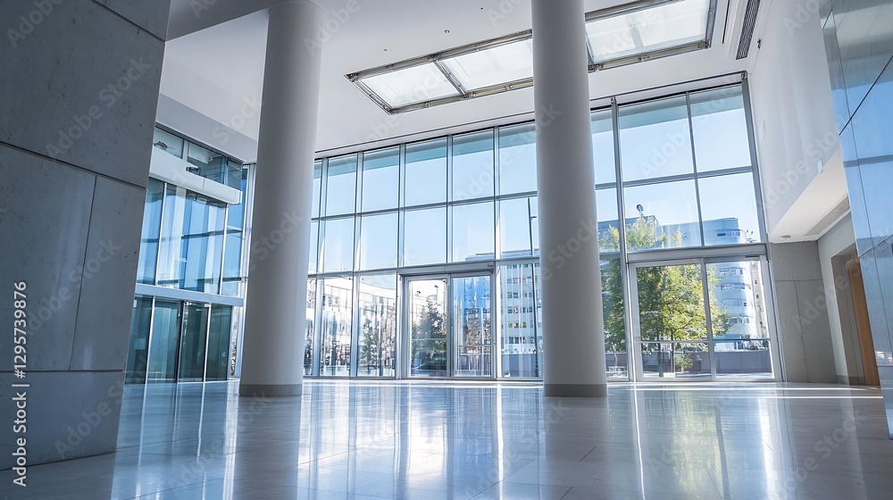 Poster modern architectural interior of a bright office space with large glass windows and empty floor : ge