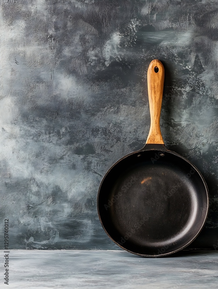 Poster Elegant black frying pan with wooden handle against a textured gray background for culinary use : Generative AI