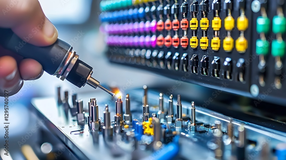 Fototapete closeup view of soldering process for connecting a coaxial cable connector on an electronic circuit 