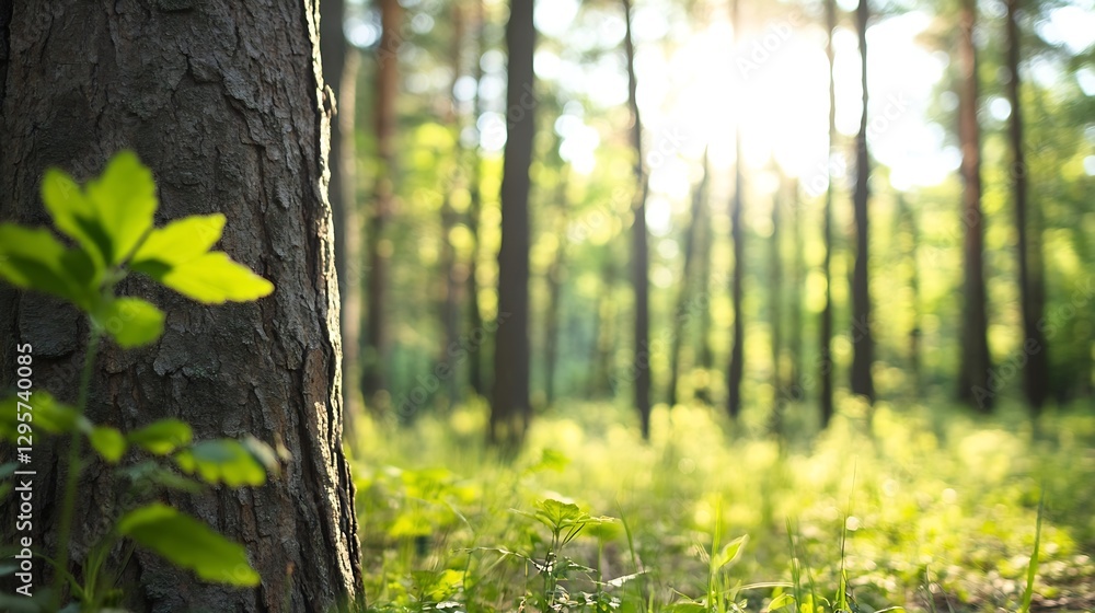 Poster Sunlight Filtering Through Trees in a Lush Green Forest : Generative AI