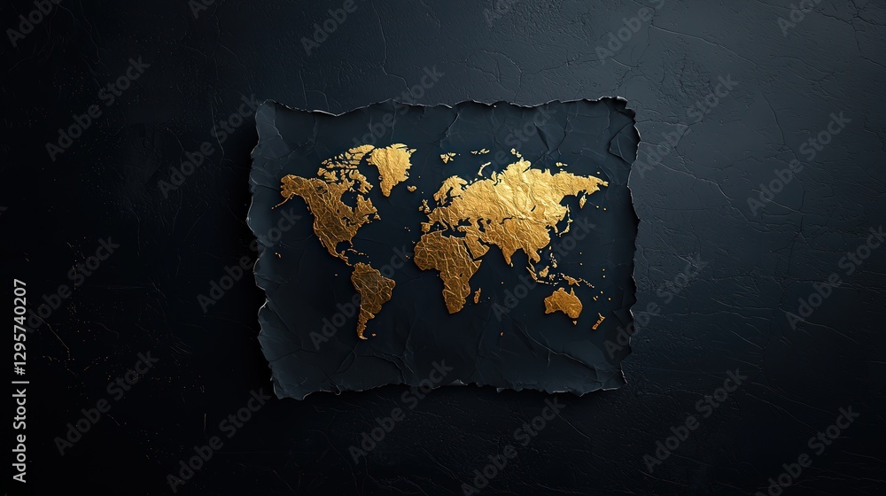 Poster a golden world map displayed on a dark textured background
