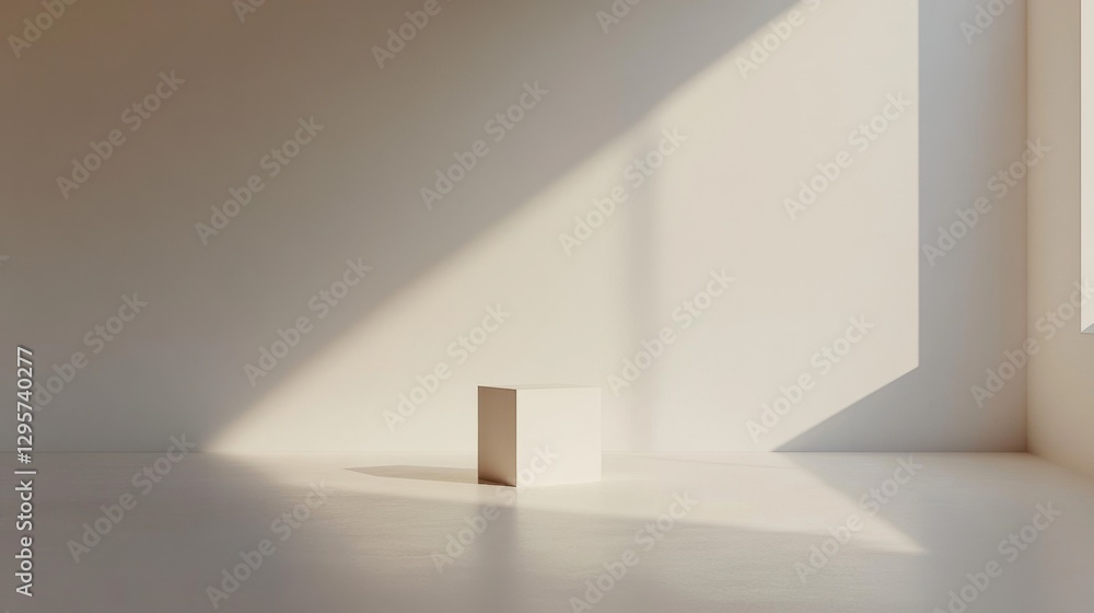 Poster minimalist 3d rendering of a pristine white cube in sunlit room