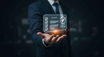"A businessman in a dark suit holding out his hand, presenting a glowing holographic digital certificate with a checkmark and a shield icon. The certificate includes multiple checkmarks, a ribbon icon