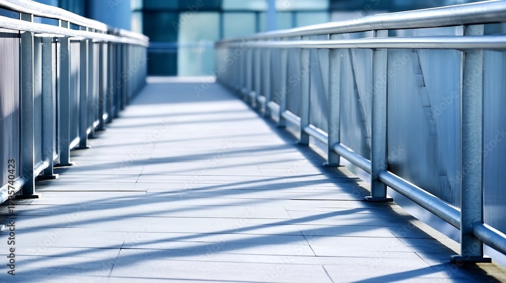 Poster Modern walkway with railings casting shadows in the sunlight for urban exploration or architectural photography : Generative AI