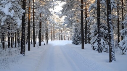 Winter wonderland path with snow covered trees along a serene deserted road in peaceful woods : Generative AI