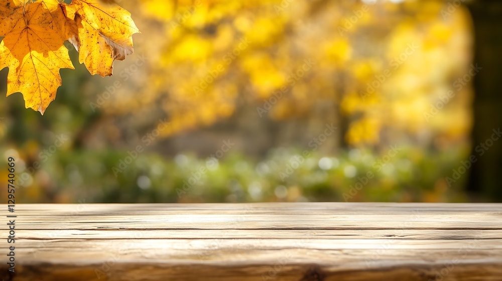 Aufkleber golden autumn leaves gracefully hanging over a rustic wooden table inviting moments of reflection an