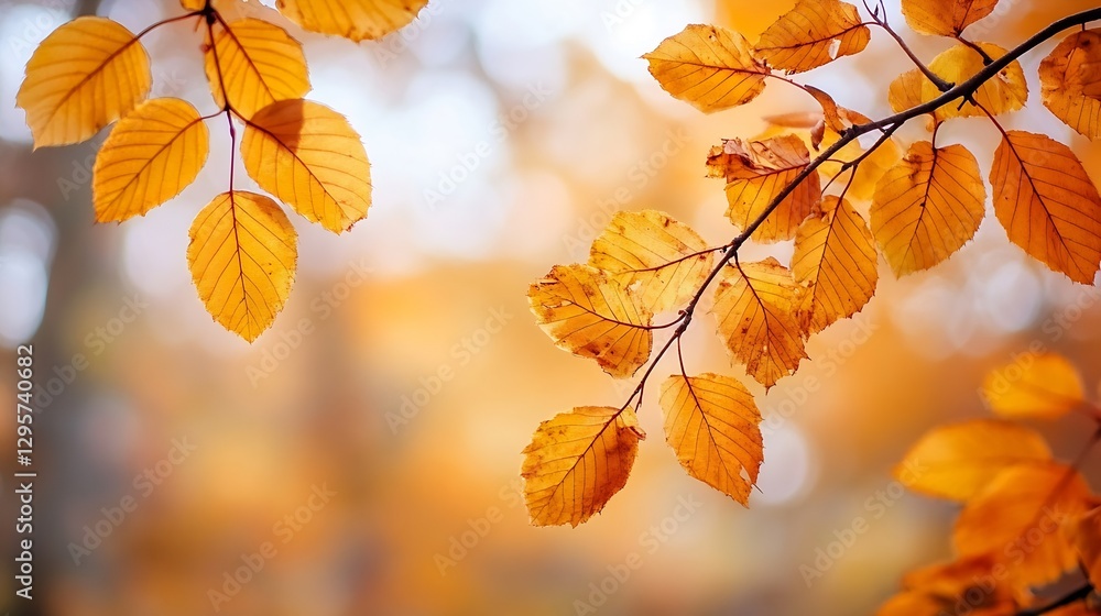 Aufkleber golden autumn leaves gently illuminated by sunlight creating a serene forest ambiance : generative a