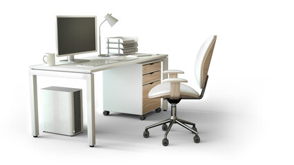 Stylish office furniture in white and neutral colors. 3D render. Ergonomic chair. Desk with drawers, computer and accessories. Transparent PNG available.