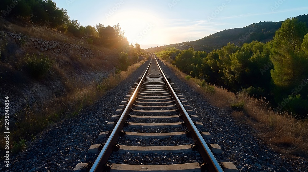 Poster scenic railway track leading towards a beautiful sunset over hills and trees : generative ai
