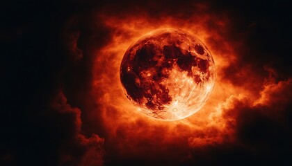 Obraz premium Fiery Blood Moon in Dark Clouds