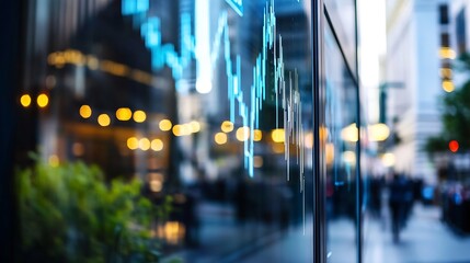 Close up of stock market data displayed on a glass surface with financial activity in the background : Generative AI