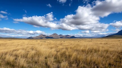 Fototapeta premium Vast Mountainous Landscape Under Bright Blue Sky with Soft Clouds and Tall Grass : Generative AI