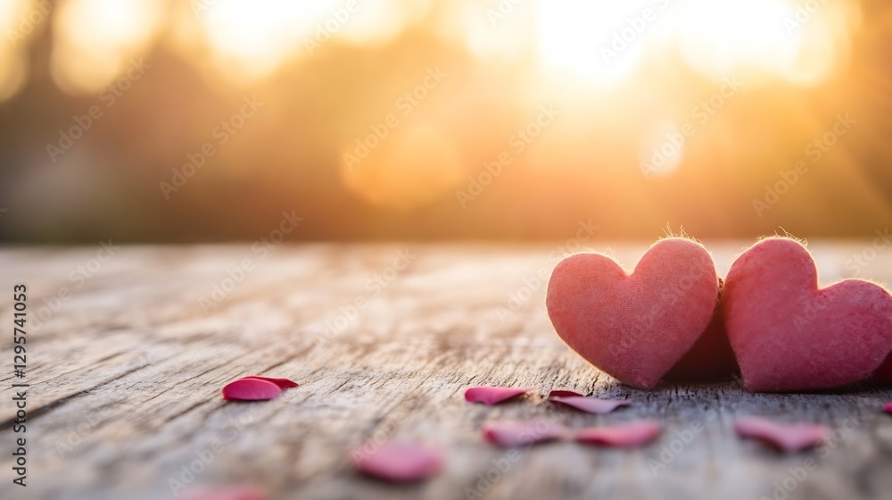 Poster romantic scene with two pink hearts on a wooden surface illuminated by the warm glow of sunset : gen