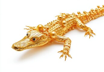 Naklejka premium Stunning golden crocodile sculpture adorned with shiny spheres against a white background creating a luxurious, eye-catching effect for art enthusiasts and collectors