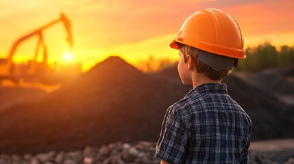 Young boy wearing an orange hard hat observing a construction site at sunset : Generative AI