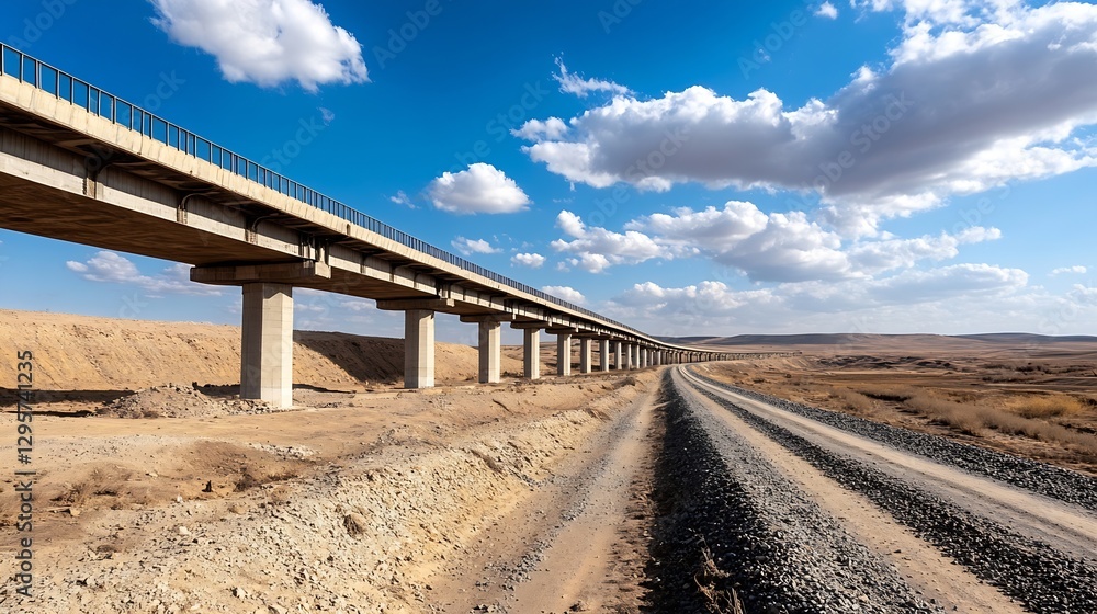 Poster expansive landscape view of a railway bridge over a dirt road with clouds in a blue sky : generative