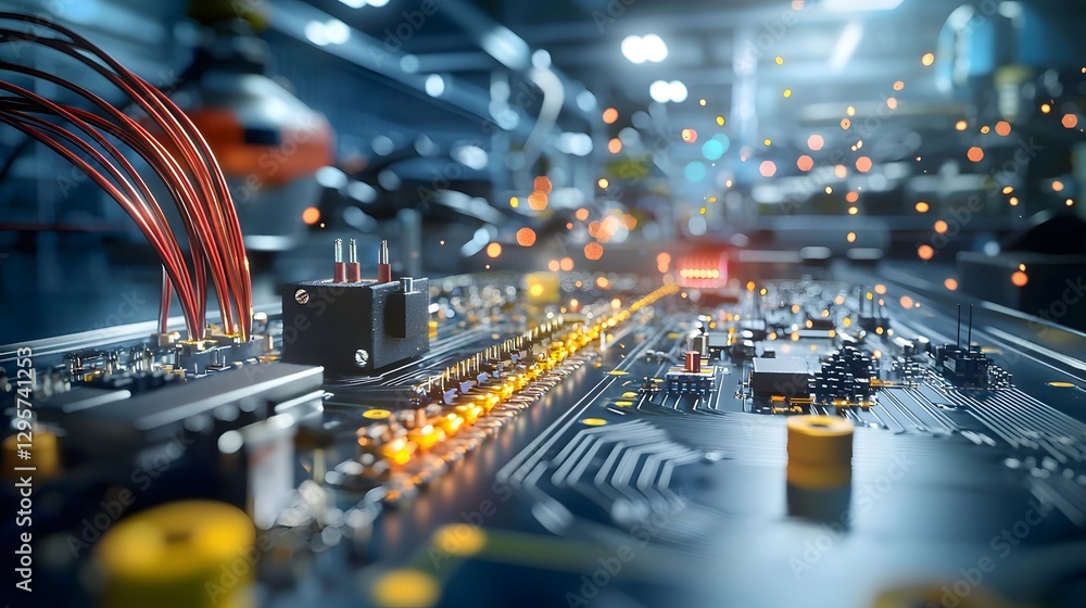 Poster Detailed close up photograph showcasing a breadboard with various electronic components connected by jumper wires