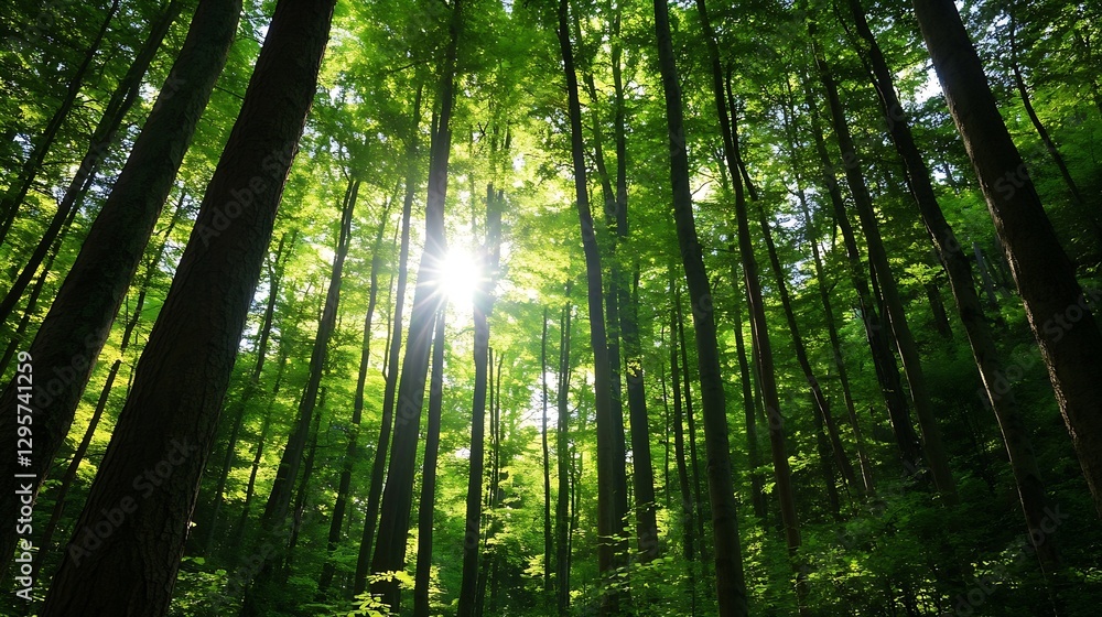Poster Lush green forest with sunlight filtering through tall trees creating a magical atmosphere in nature : Generative AI