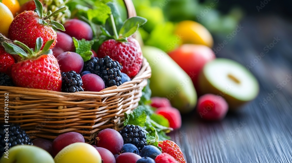 Poster assorted fresh fruits in a basket surrounded by greenery on a wooden table : generative ai