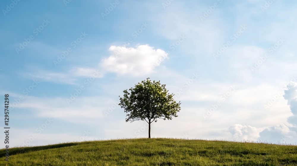 Poster lonely tree on a grassy hill under a blue sky with soft white clouds in a serene natural landscape :