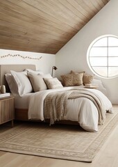 Cozy bedroom with warm tones, vaulted ceiling, and circular window
