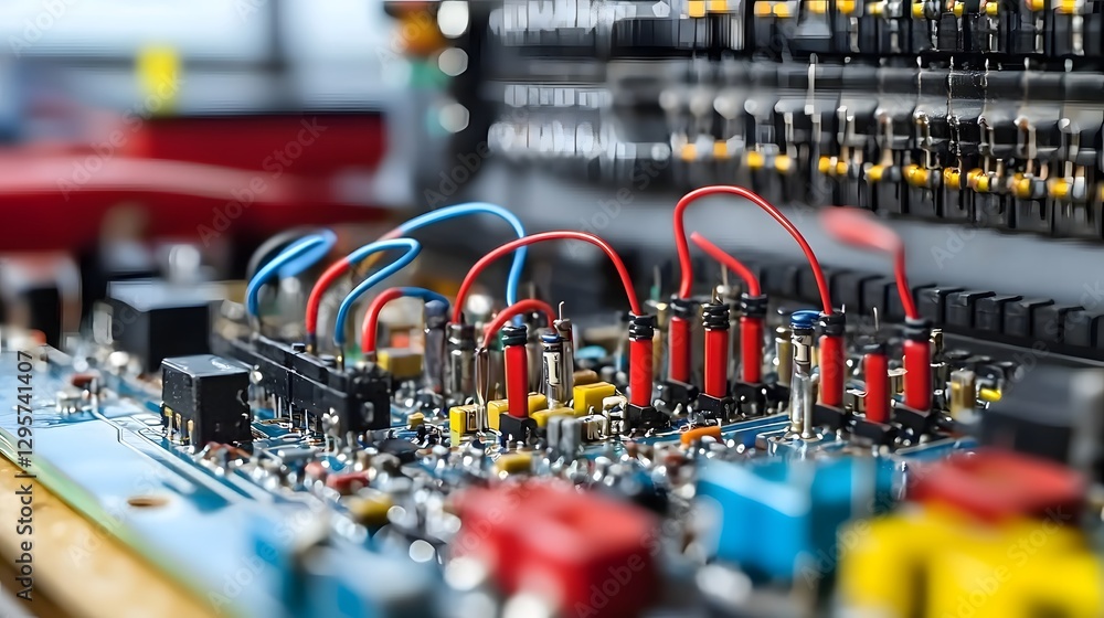 Fototapete Detailed close up shot showcasing the intricate wiring and various electronic components assembled on a breadboard highlighting the inner workings of a technological prototype or experiment