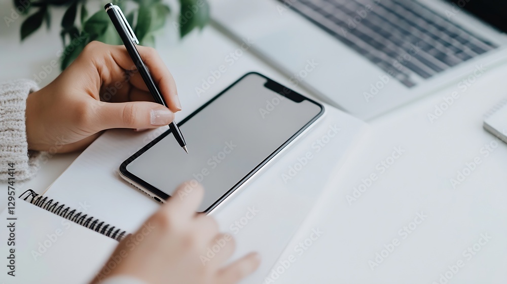 Poster close up of a person writing with a pen on a notepad next to a smartphone on a white desk : generati