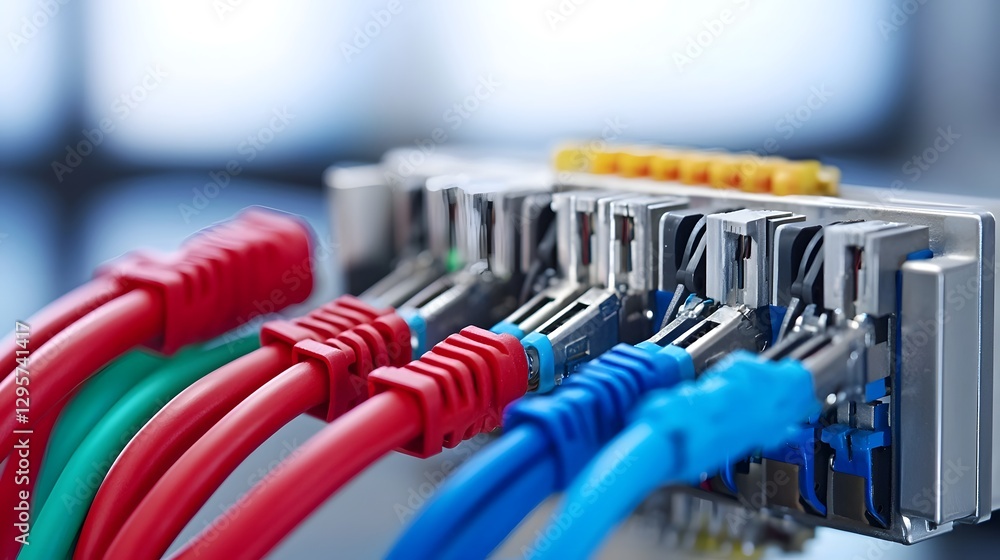Leinwandbilder detailed close up view of a terminal block connecting multiple colored electrical wires for an indus