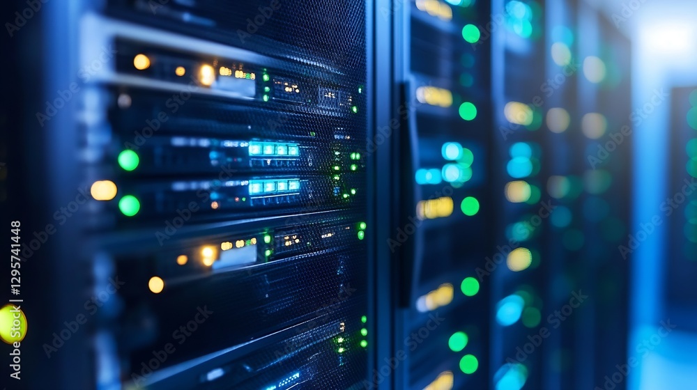 Aufkleber HighTech Data Center Servers with Colorful Lights Displaying Modern Computer Technology Infrastructure : Generative AI