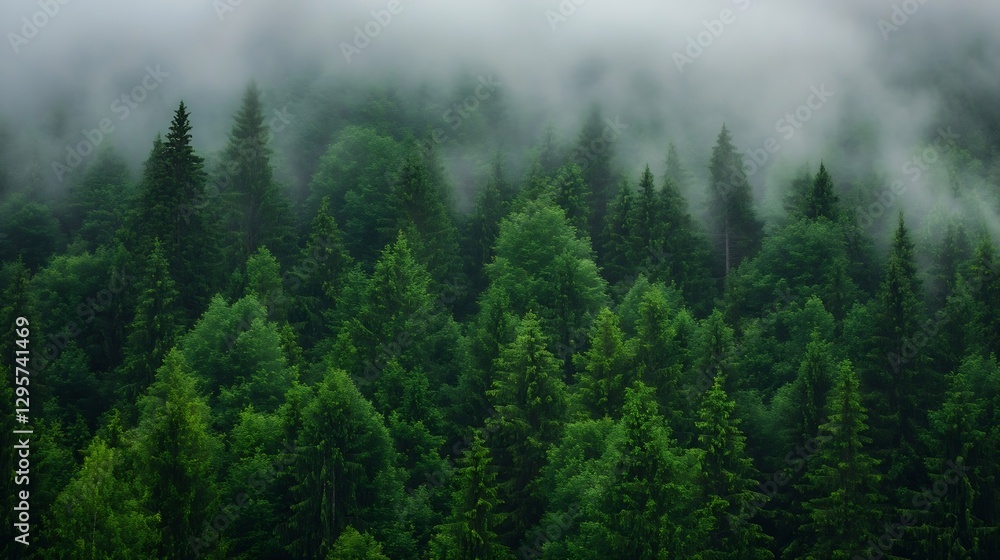 Poster lush green forest surrounded by mist creating an enchanting natural landscape : generative ai