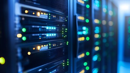 HighTech Data Center Servers with Colorful Lights Displaying Modern Computer Technology Infrastructure : Generative AI