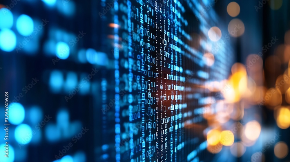 Aufkleber Abstract digital background featuring glowing binary code in vibrant blue tones symbolizing technology and data : Generative AI